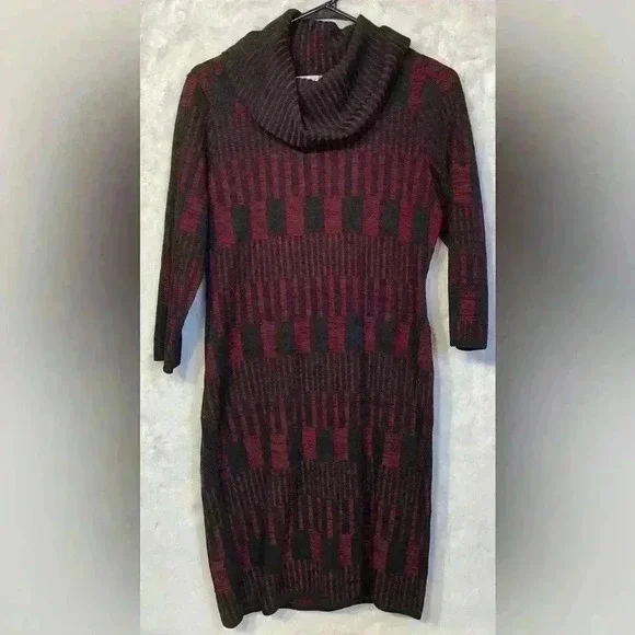 Sandra Darren Black Red Graphic Cowl Sweater Dress Warm Office Casual Womens Med - Picture 2 of 7